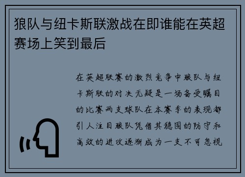 狼队与纽卡斯联激战在即谁能在英超赛场上笑到最后
